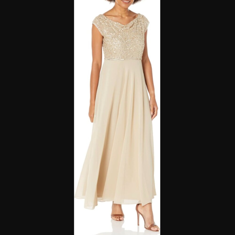 NWT J Kara Beaded Champagne Gown, 6P